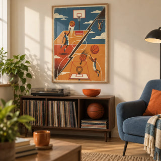 Basketball Art Print, framed on the wall of a small basketball-themed games snug in a UK family home with a warm cream wall and plain oak floor in a living room