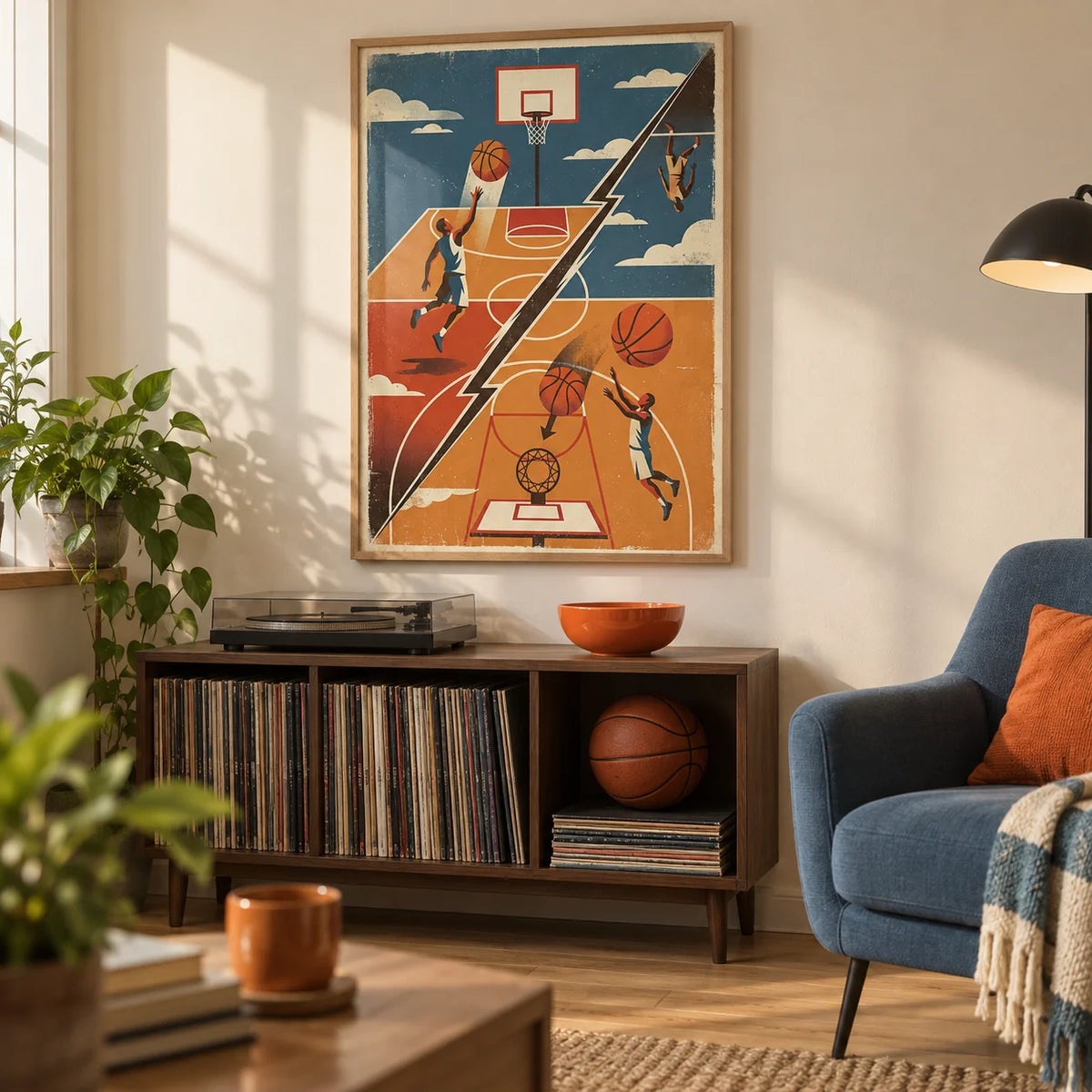 Basketball Art Print, framed on the wall of a small basketball-themed games snug in a UK family home with a warm cream wall and plain oak floor in a living room