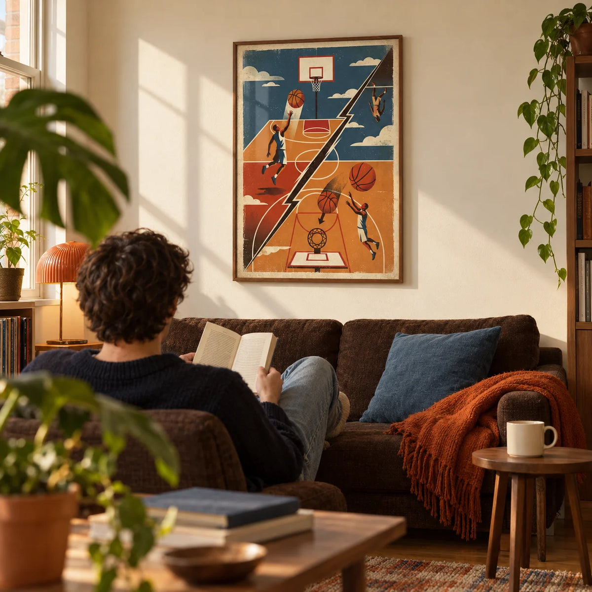 Basketball Art Print, framed on the wall of a warm retro living room in a young adult first flat (22-28)