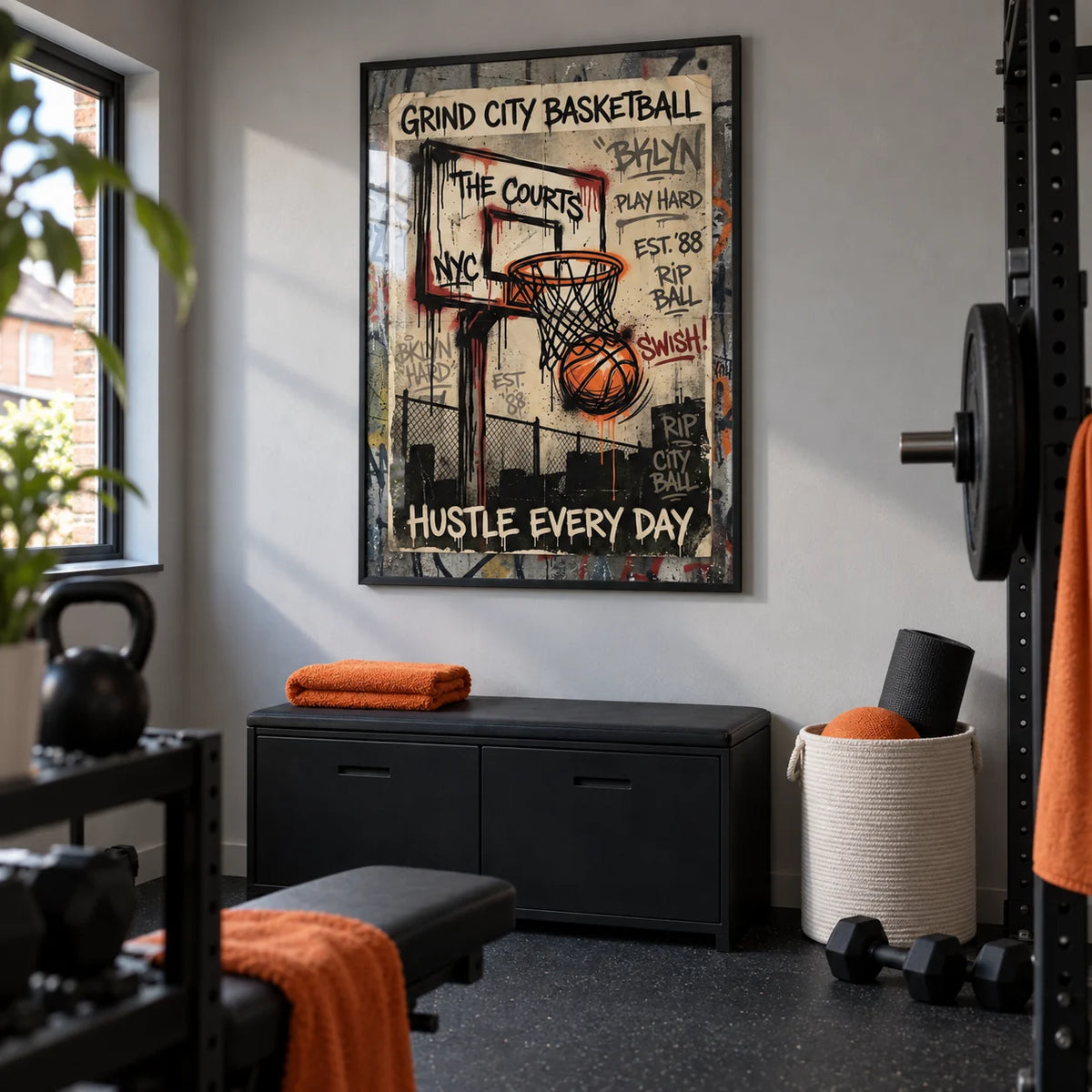 Basketball City Wall Art, framed on the wall of a compact converted-garage home gym in a UK terrace with a smooth light grey wall and black rubber floor