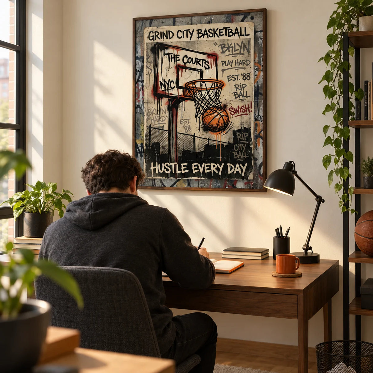 Basketball City Wall Art, framed on the wall of a compact home study for a young basketball fan aged 22-30 in a UK first flat