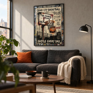 Basketball City Wall Art, framed on the wall of a design-led living room in a young adult's UK city flat with a pale concrete-grey wall and warm timber floor