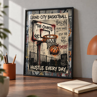 Basketball City Wall Art, a small A4 framed print leaning on a walnut desk