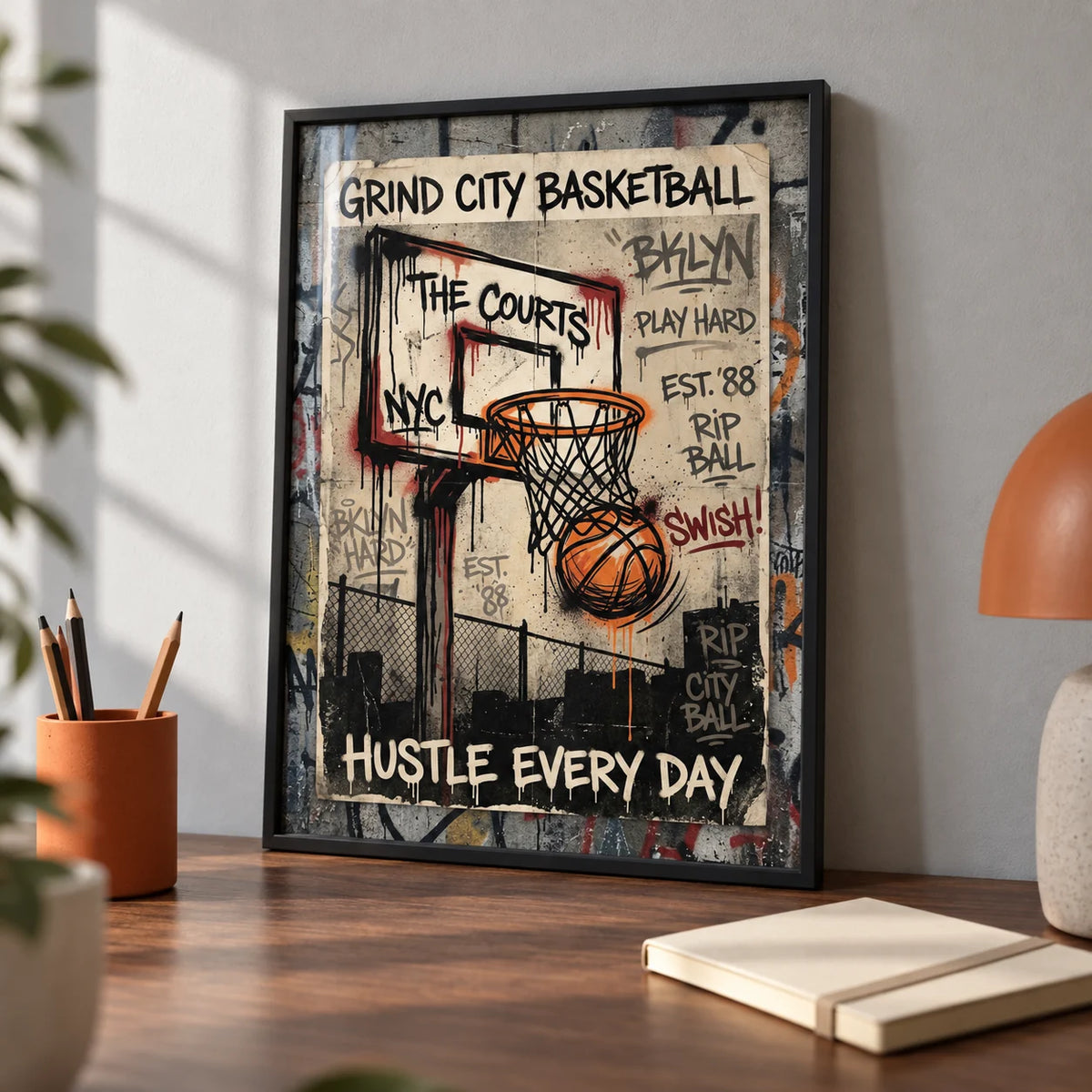 Basketball City Wall Art, a small A4 framed print leaning on a walnut desk
