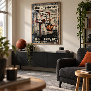 Basketball City Wall Art, framed on the wall of a small basketball fan's den in a UK semi-detached home with a cream wall and plain grey carpet in a living room