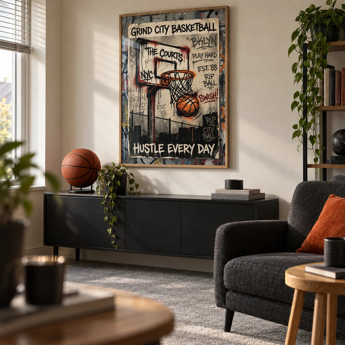 Basketball City Wall Art, framed on the wall of a small basketball fan's den in a UK semi-detached home with a cream wall and plain grey carpet in a living room