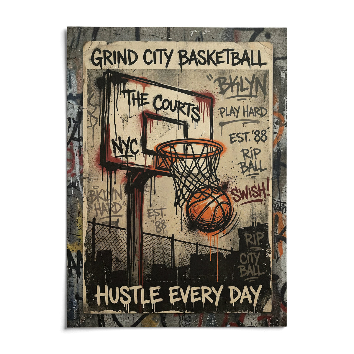 Basketball City Wall Art, shown as an unframed paper print on a plain white background