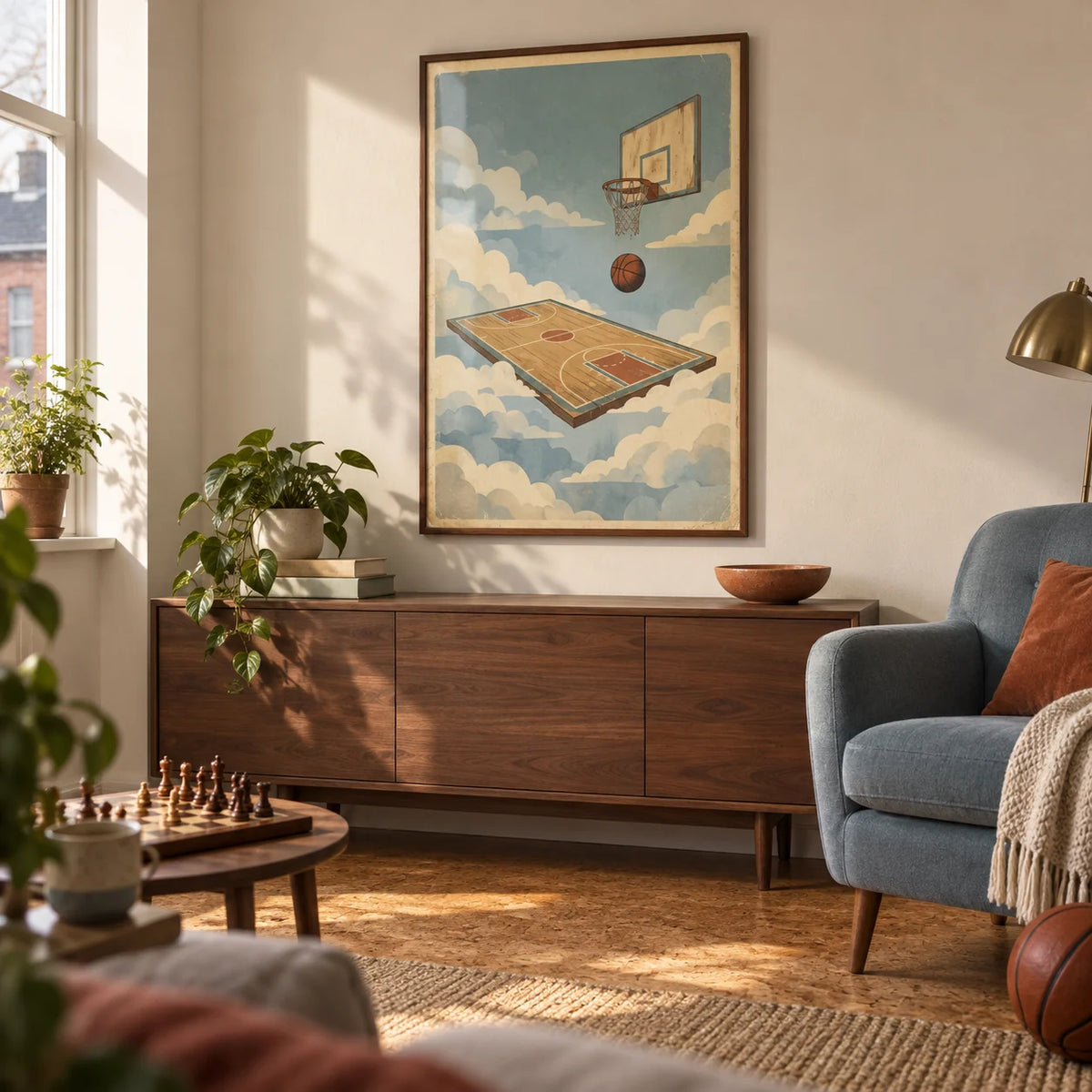 Basketball Court Art Print, framed on the wall of a basketball fan's relaxed games snug in a UK terrace in a living room