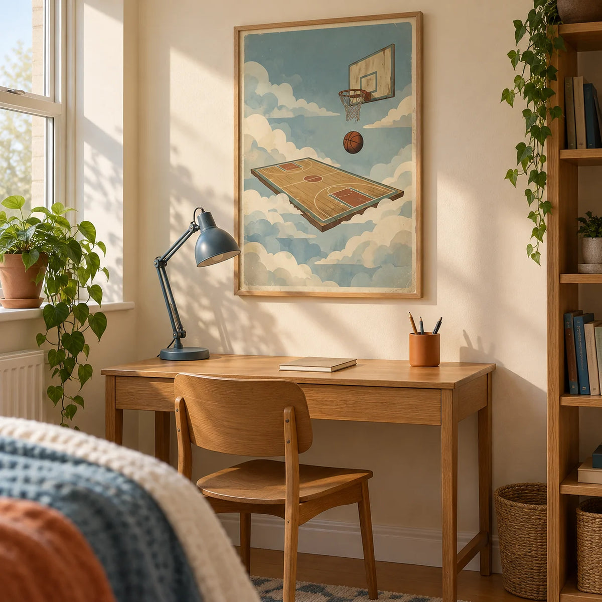 Basketball Court Art Print, framed on the wall of a compact university study corner (18-21) in a UK rented house