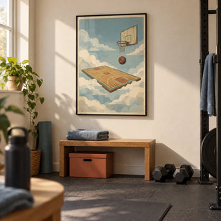 Basketball Court Art Print, framed on the wall of a modest home gym in a converted UK spare room
