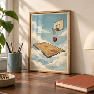 Basketball Court Art Print, a small A4 framed print leaning on a walnut desk