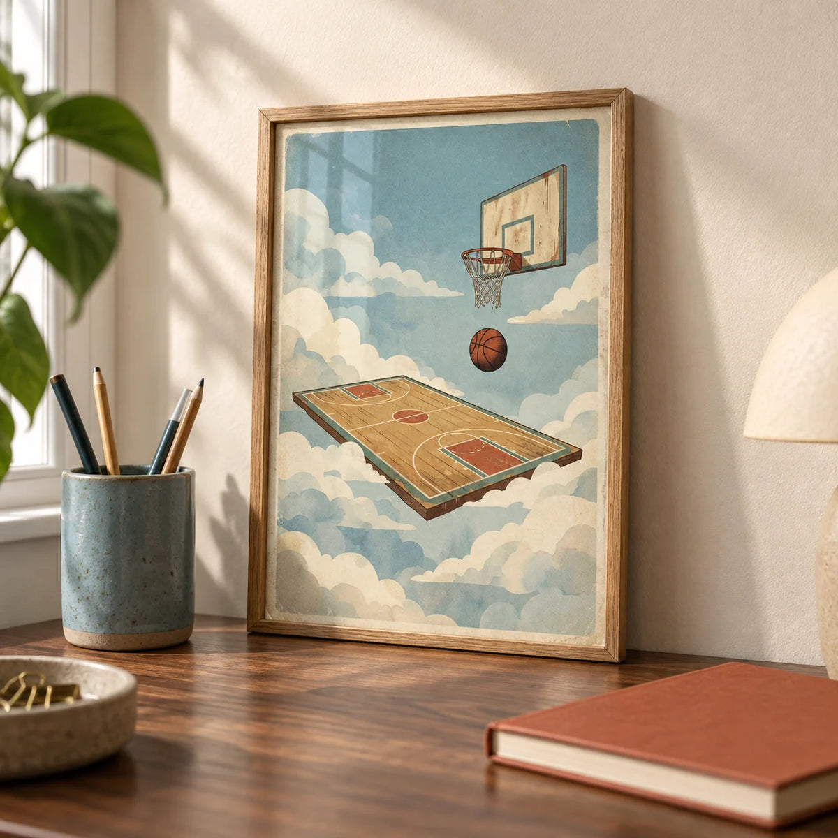 Basketball Court Art Print, a small A4 framed print leaning on a walnut desk