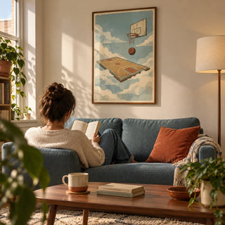 Basketball Court Art Print, framed on the wall of a warm retro living room in a young adult's first UK flat (22-28)