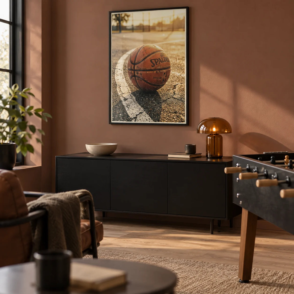 Basketball Court Wall Art, framed on the wall of a relaxed basketball fan's games room in a UK home in a living room