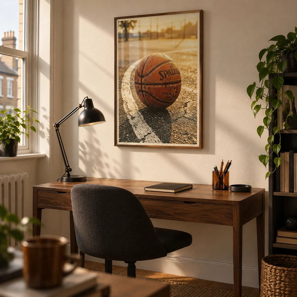 Basketball Court Wall Art, framed on the wall of a young adult's study in a UK terraced house