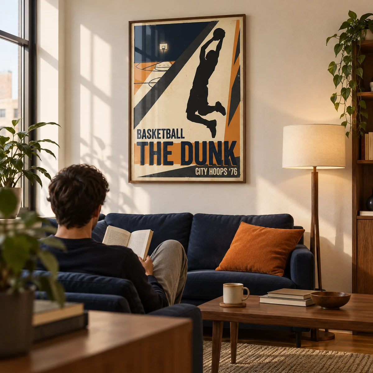 Basketball Dunk Art Print, framed on the wall of a compact modern living room in a basketball fan's first UK flat (22-28)