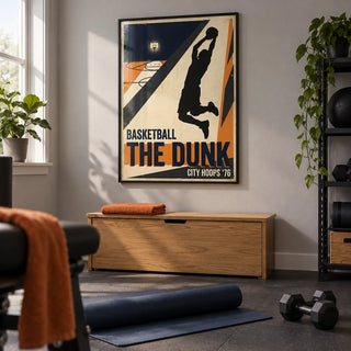 Basketball Dunk Art Print, framed on the wall of a modest home gym in a converted UK spare room with a pale grey wall and plain charcoal rubber floor