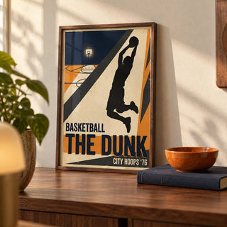 Basketball Dunk Art Print, a small A4 framed print leaning on a walnut shelf in a living room