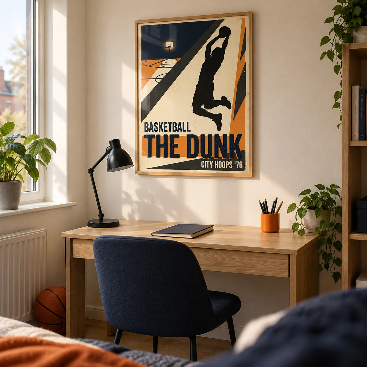 Basketball Dunk Art Print, framed on the wall of a tidy study corner in a UK student flat for a basketball fan aged 18-21