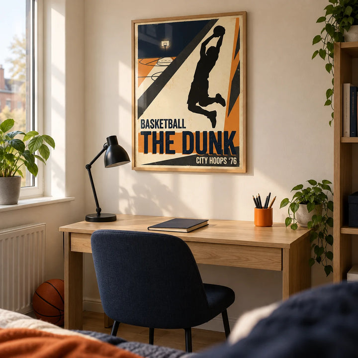 Basketball Dunk Art Print, framed on the wall of a tidy study corner in a UK student flat for a basketball fan aged 18-21