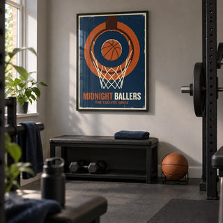 Basketball Game Wall Art, framed on the wall of a compact home gym in a converted UK spare room with a pale grey wall and plain charcoal rubber floor