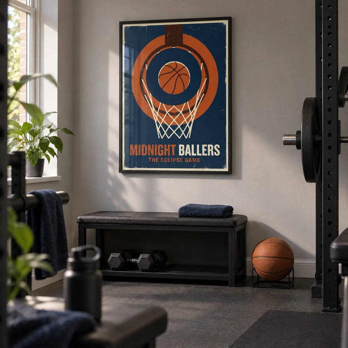 Basketball Game Wall Art, framed on the wall of a compact home gym in a converted UK spare room with a pale grey wall and plain charcoal rubber floor