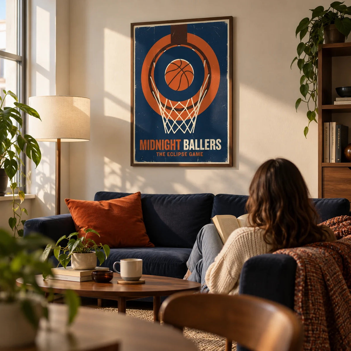 Basketball Game Wall Art, framed on the wall of a design-led living room in a young adult's first UK flat