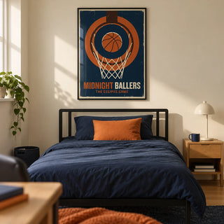 Basketball Game Wall Art, framed on the wall of a modern basketball fan's single bedroom in a UK family home