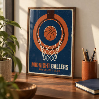 Basketball Game Wall Art, a small A4 framed print leaning on a walnut desk