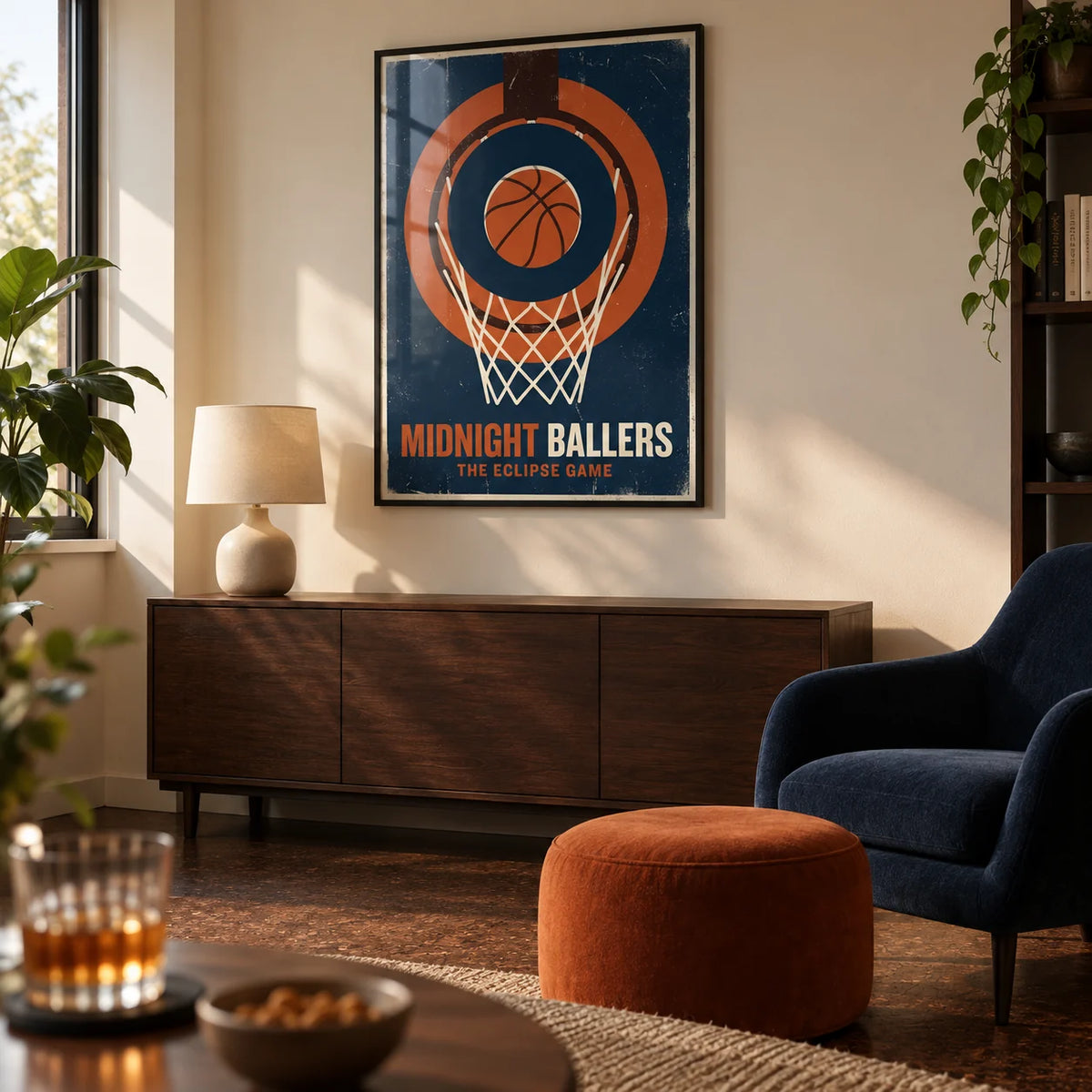 Basketball Game Wall Art, framed on the wall of a small adult games snug in a UK flat with a warm white wall and a dark cork floor in a living room