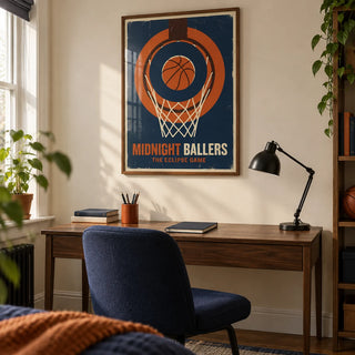 Basketball Game Wall Art, framed on the wall of a young basketball enthusiast's home study in a UK terrace with a cream wall and a walnut desk