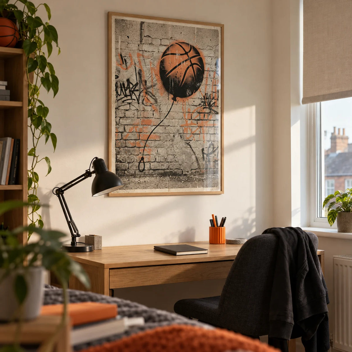 Basketball Graffiti Art, framed on the wall of a basketball fan's compact university study corner (18-21) in a UK shared house