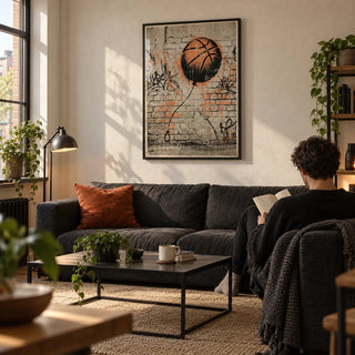 Basketball Graffiti Art, framed on the wall of a compact industrial-style living room in a young adult's first UK flat (22-28)