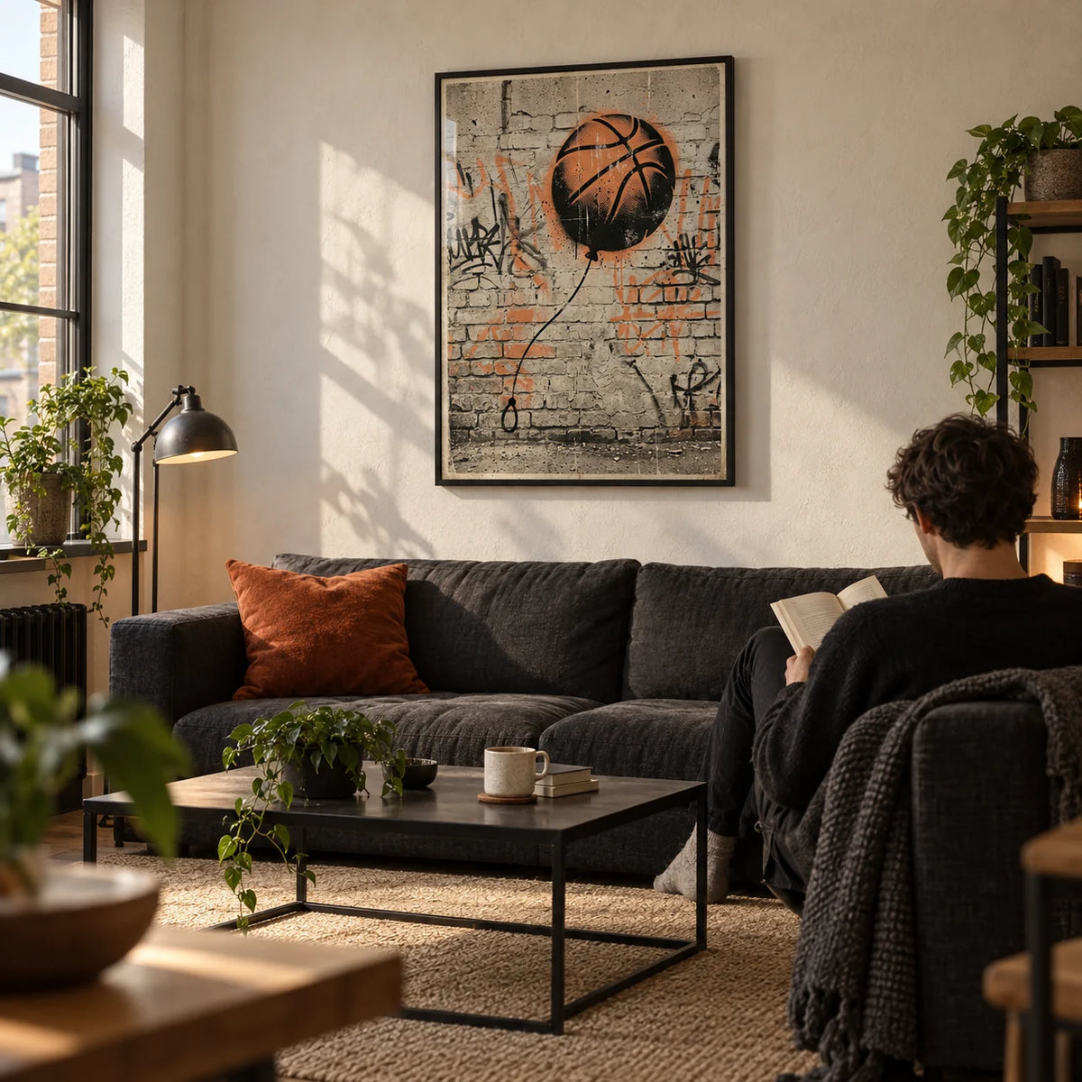 Basketball Graffiti Art, framed on the wall of a compact industrial-style living room in a young adult's first UK flat (22-28)