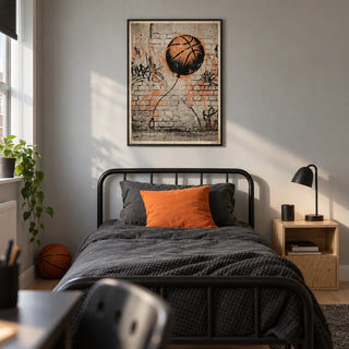Basketball Graffiti Art, framed on the wall of a modern basketball-loving teenager's single bedroom (13-17) in a UK terraced house