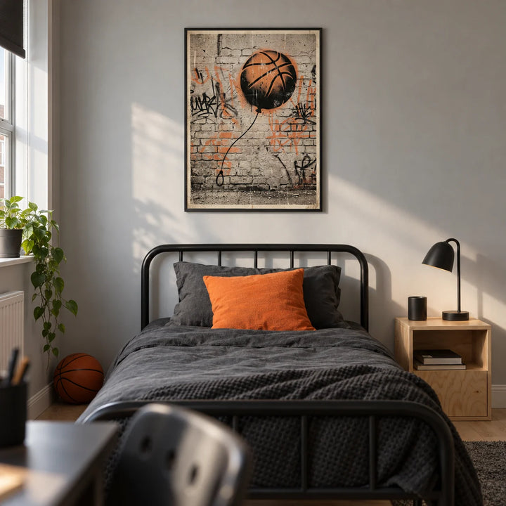Basketball Graffiti Art, framed on the wall of a modern basketball-loving teenager's single bedroom (13-17) in a UK terraced house