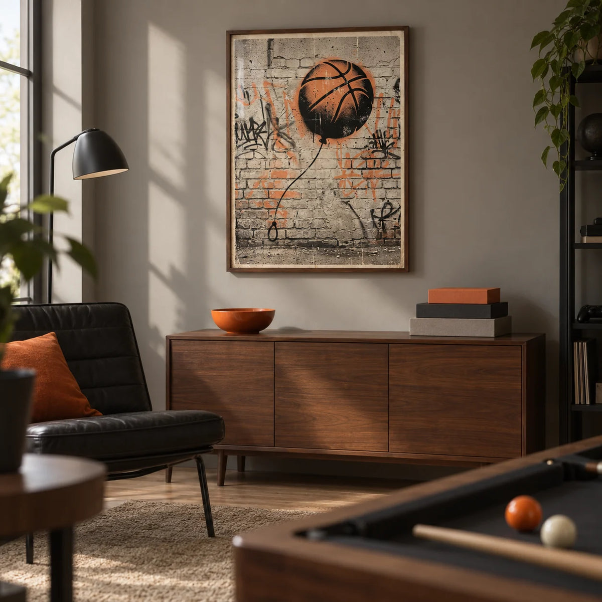 Basketball Graffiti Art, framed on the wall of a modern spare-room games den in a young adult's UK home in a living room