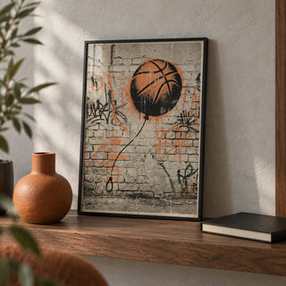 Basketball Graffiti Art, a small A4 framed print leaning on a walnut shelf in a living room