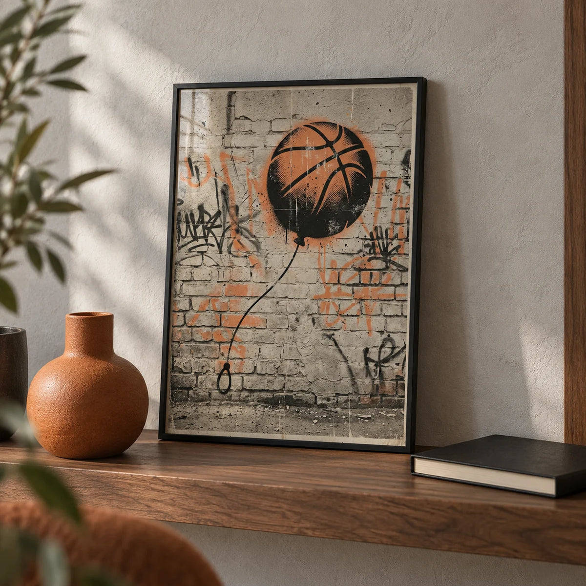 Basketball Graffiti Art, a small A4 framed print leaning on a walnut shelf in a living room