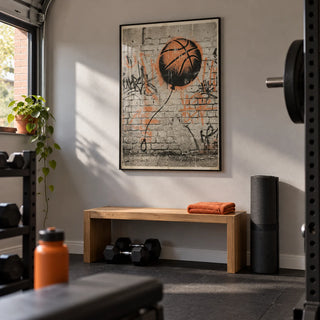 Basketball Graffiti Art, framed on the wall of a small converted garage home gym in a UK house
