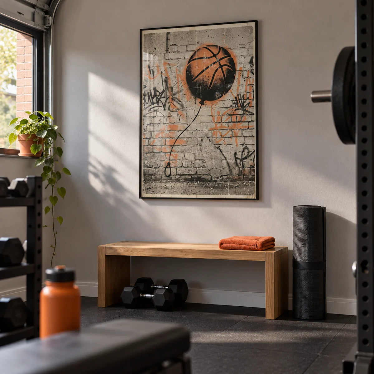 Basketball Graffiti Art, framed on the wall of a small converted garage home gym in a UK house