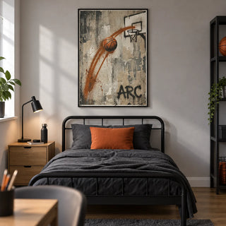 Basketball Graffiti Wall Art, framed on the wall of a modern basketball-loving teen bedroom (13-17) in a UK family home with a pale grey wall and oak floor