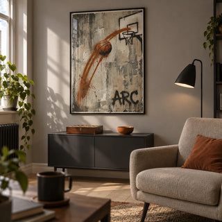 Basketball Graffiti Wall Art, framed on the wall of a modest spare-room games den in a UK terrace for a young adult basketball fan (22-35) in a living room
