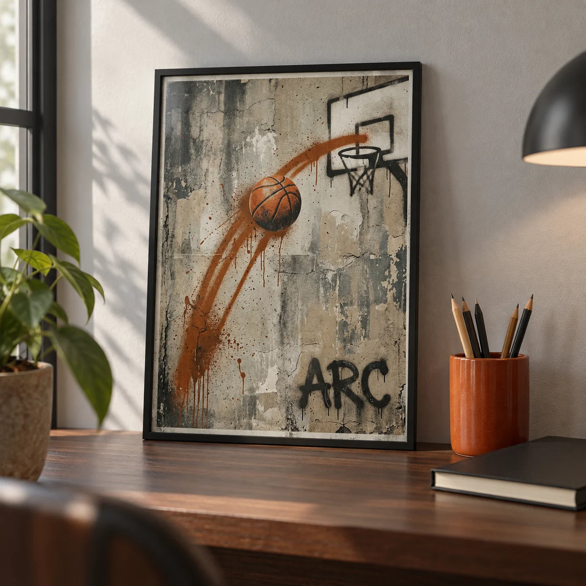 Basketball Graffiti Wall Art, a small A4 framed print leaning on a walnut desk