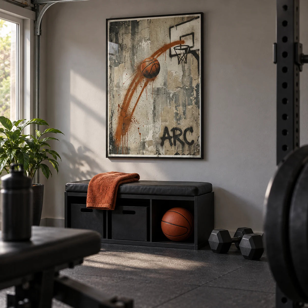 Basketball Graffiti Wall Art, framed on the wall of a small home gym in a converted UK garage with a smooth light grey wall and plain black rubber floor