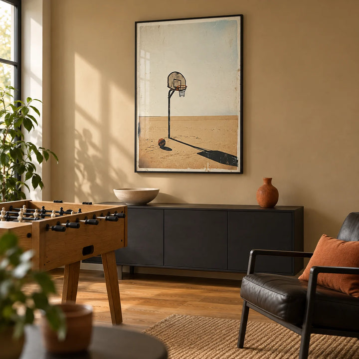 Basketball Hoop Art, framed on the wall of a compact grown-up games den in a UK semi-detached house with a muted sandy ochre wall and oak flooring in a living room