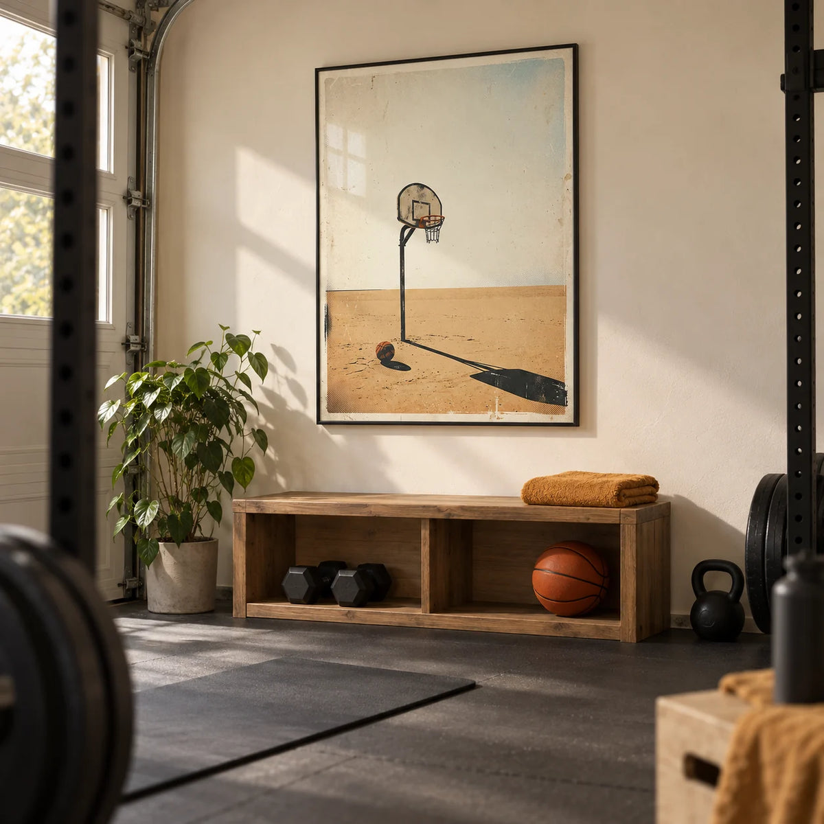 Basketball Hoop Art, framed on the wall of a modest converted garage home gym in a UK house with warm off-white plaster walls and plain dark rubber flooring