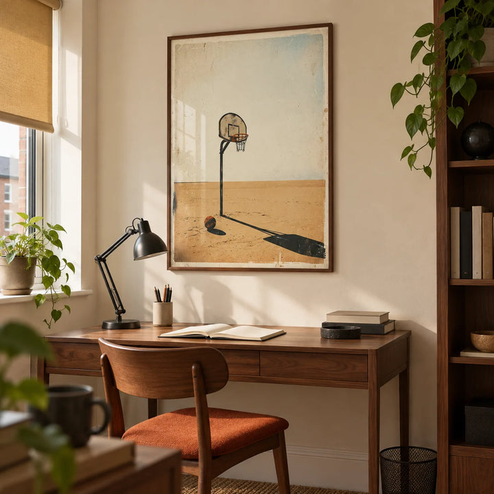 Basketball Hoop Art, framed on the wall of a quiet home study for a basketball fan (25-35) in a UK maisonette