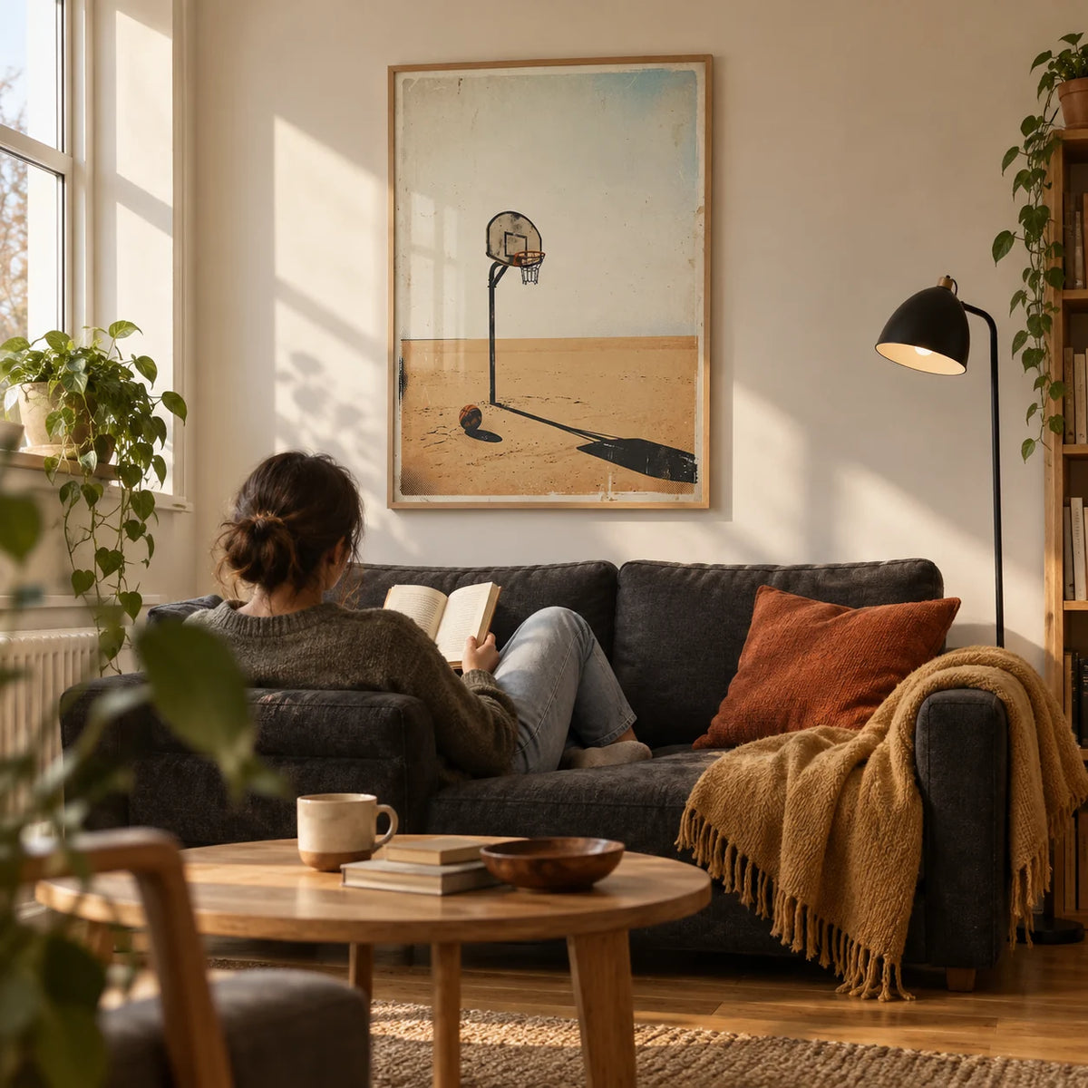 Basketball Hoop Art, framed on the wall of a warm modern living room in a young adult's first UK flat (22-28)