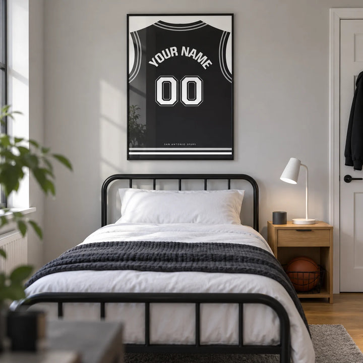 Basketball Jersey Poster in Black with White Number, framed on the wall of a modern basketball fan's single bedroom for a teenager (13-17) in a UK family home